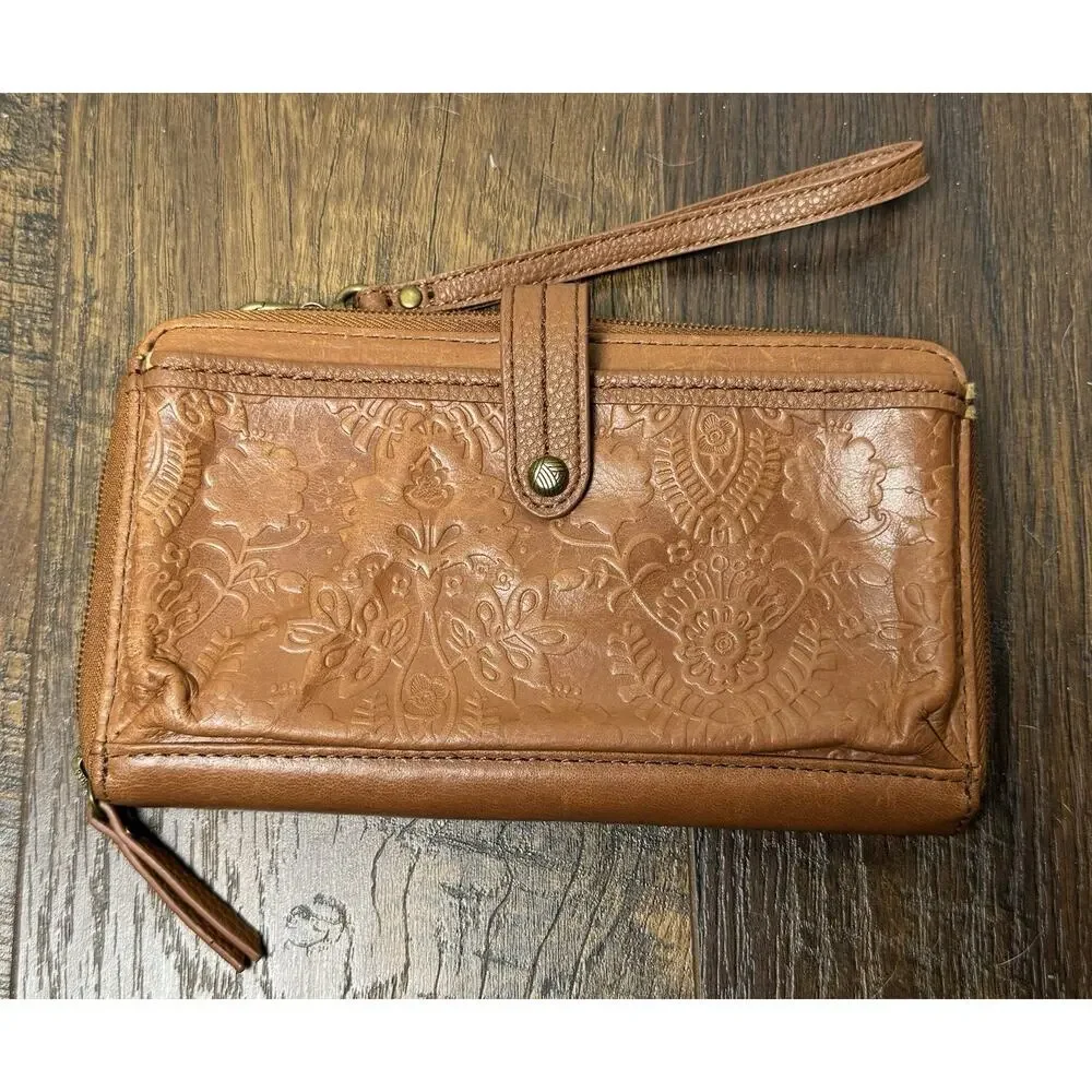 The Sak Iris Tobacco Leaf Phone Wallet Brown Tooled Leather Organizer Wristlet - Picture 1 of 13